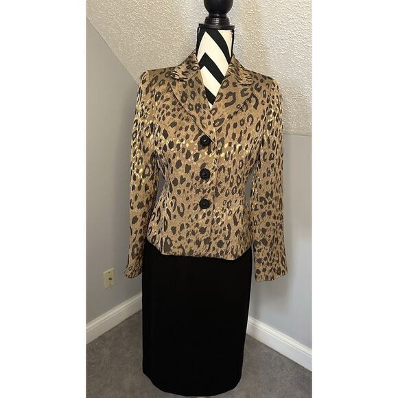 Le Suit Jackets & Blazers - EUC Le Suit Women’s Leopard Black A-Line Skirt Suit Size 8 Petite